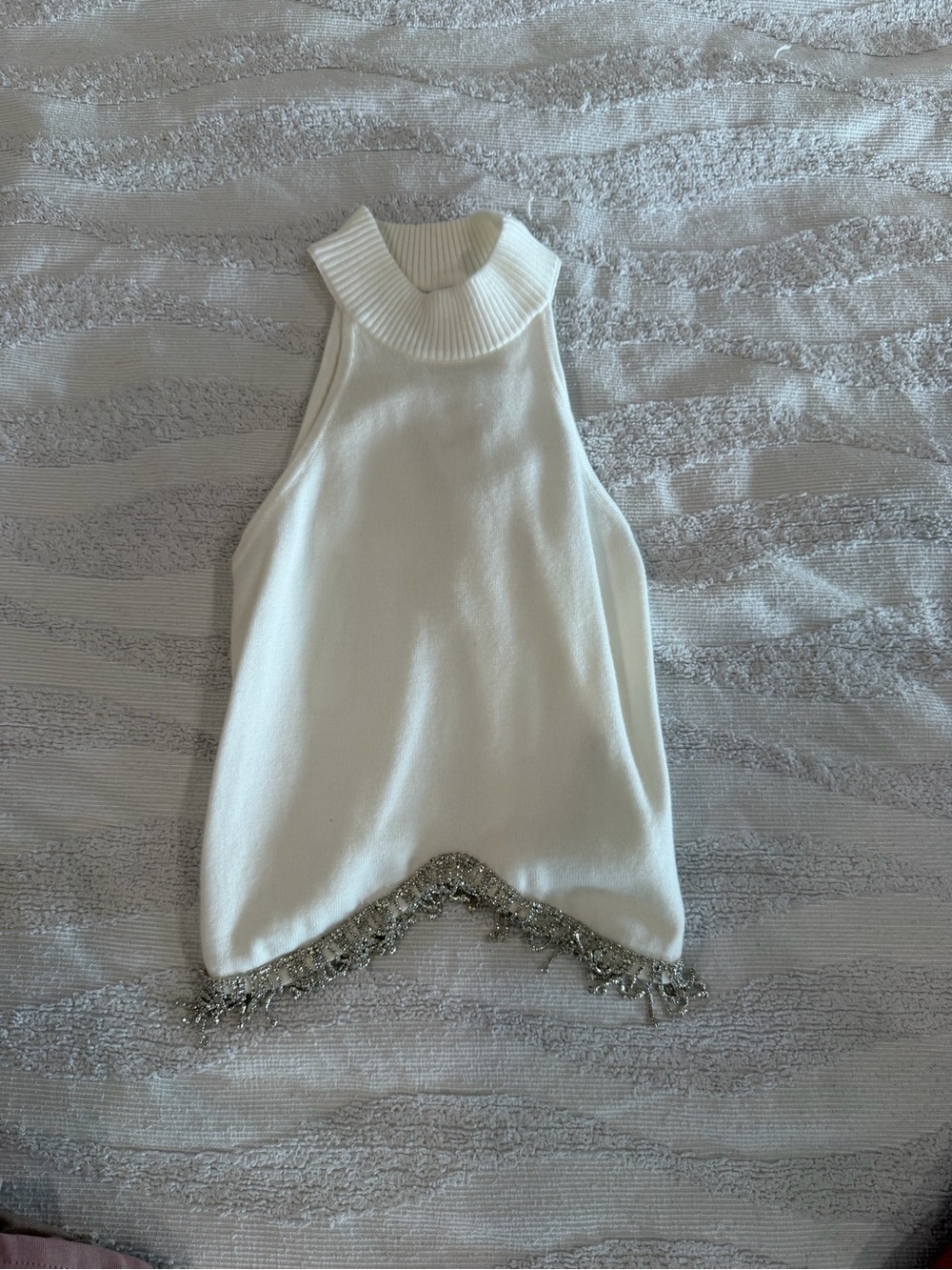 Forever 21 Cream Sleeveless Turtleneck Tank with Beaded Fringe